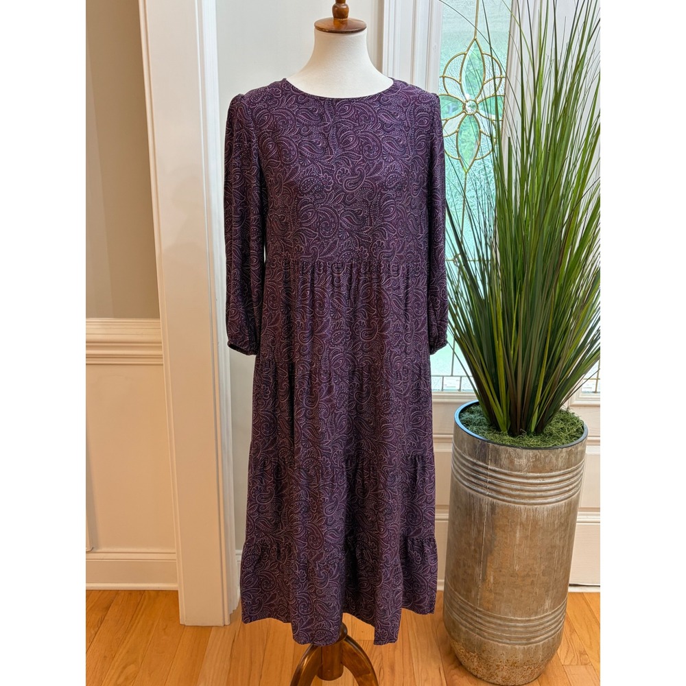 J. Jill Midi Dress Small Purple Paisley Tiered Long Sleeve Prairie Cottagecore